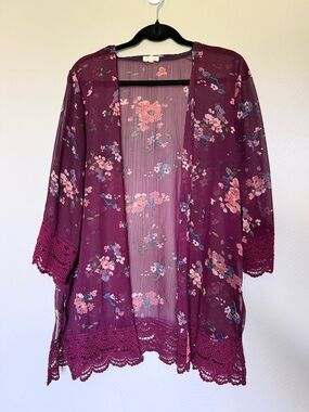 Mason & Belle Laria Crochet Trim Burgundy Kimono